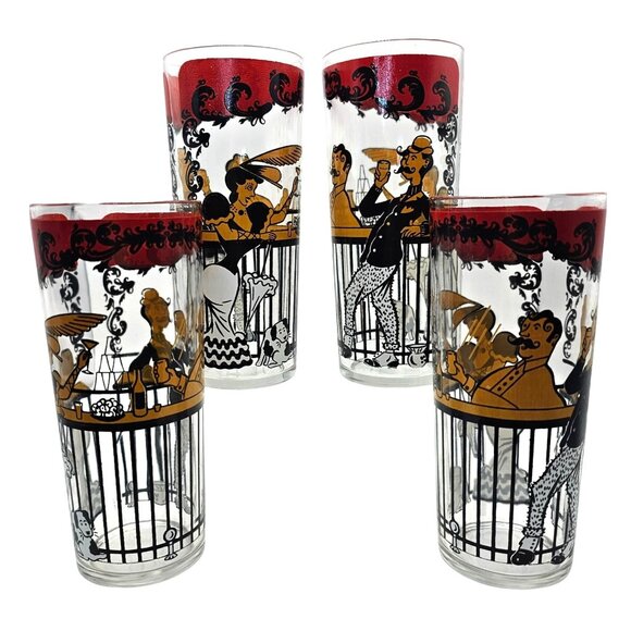 Hazel Atlas Gay 90s Saloon Bar Tumbler Red & Black 12 Oz Retro Glassware Vintage - Picture 1 of 9